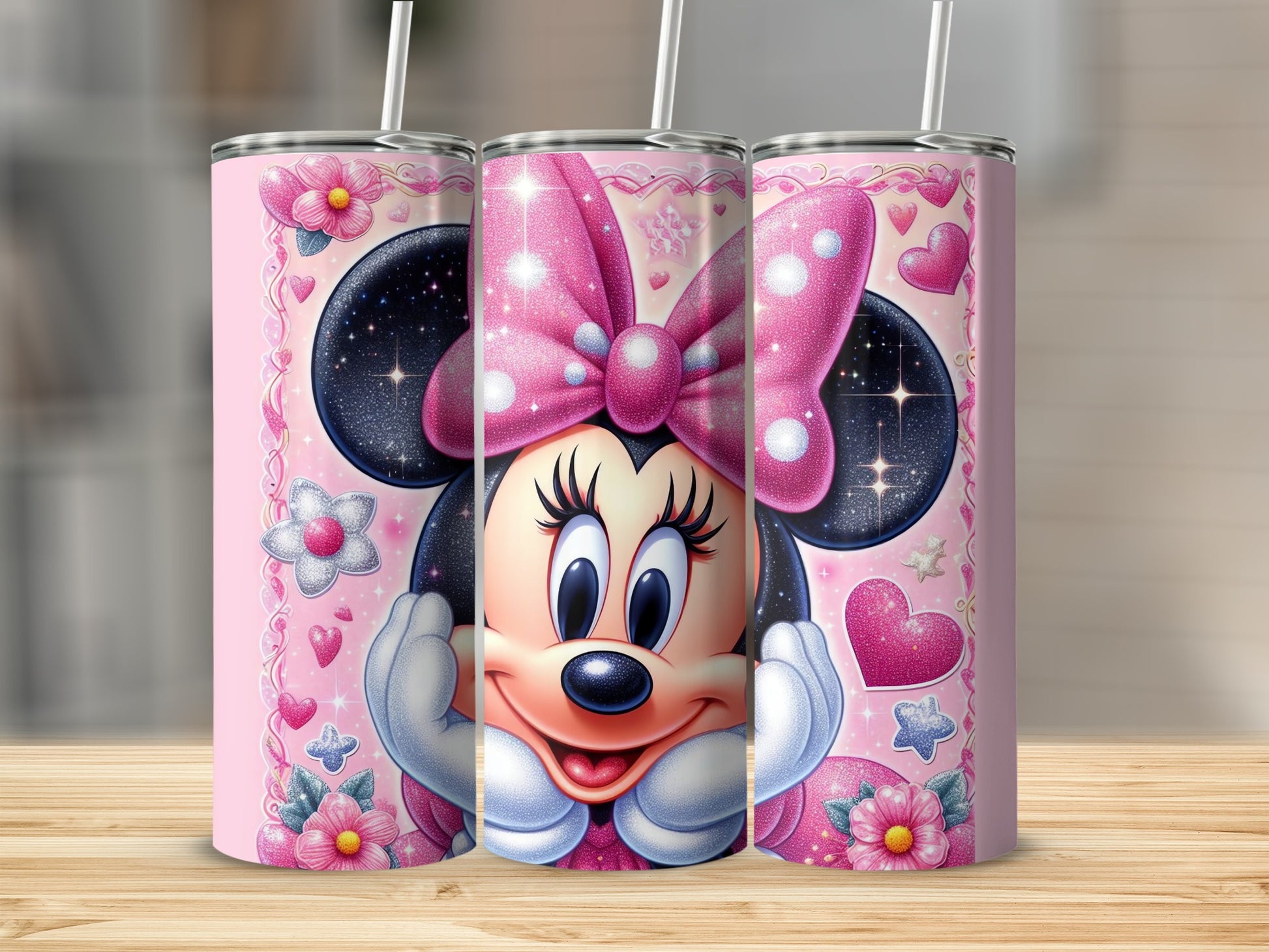 Adorable Minnie Mouse Pink Hearts and Flowers Tumbler