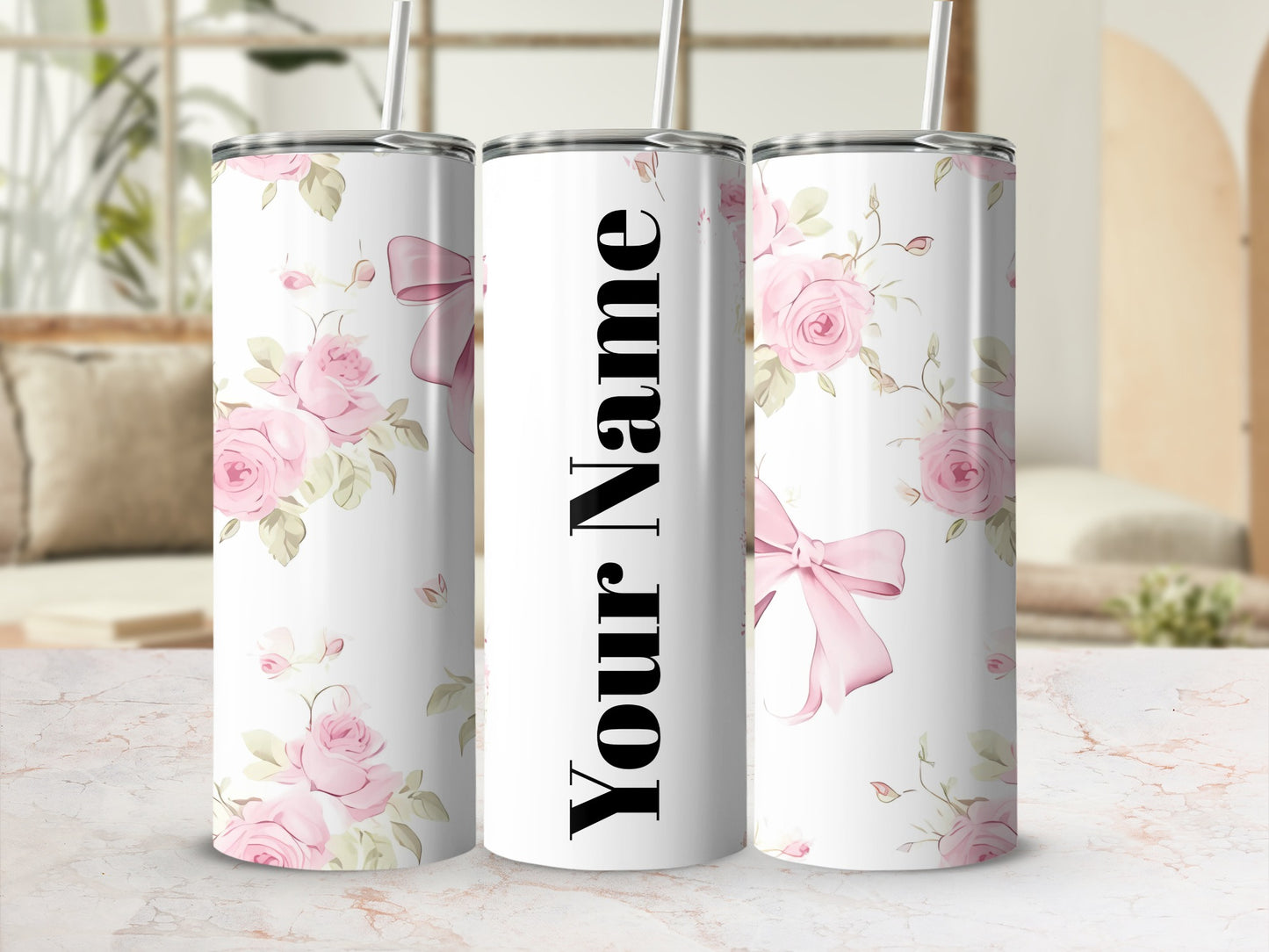 Personalized Floral Pink Roses Tumbler with Name Option