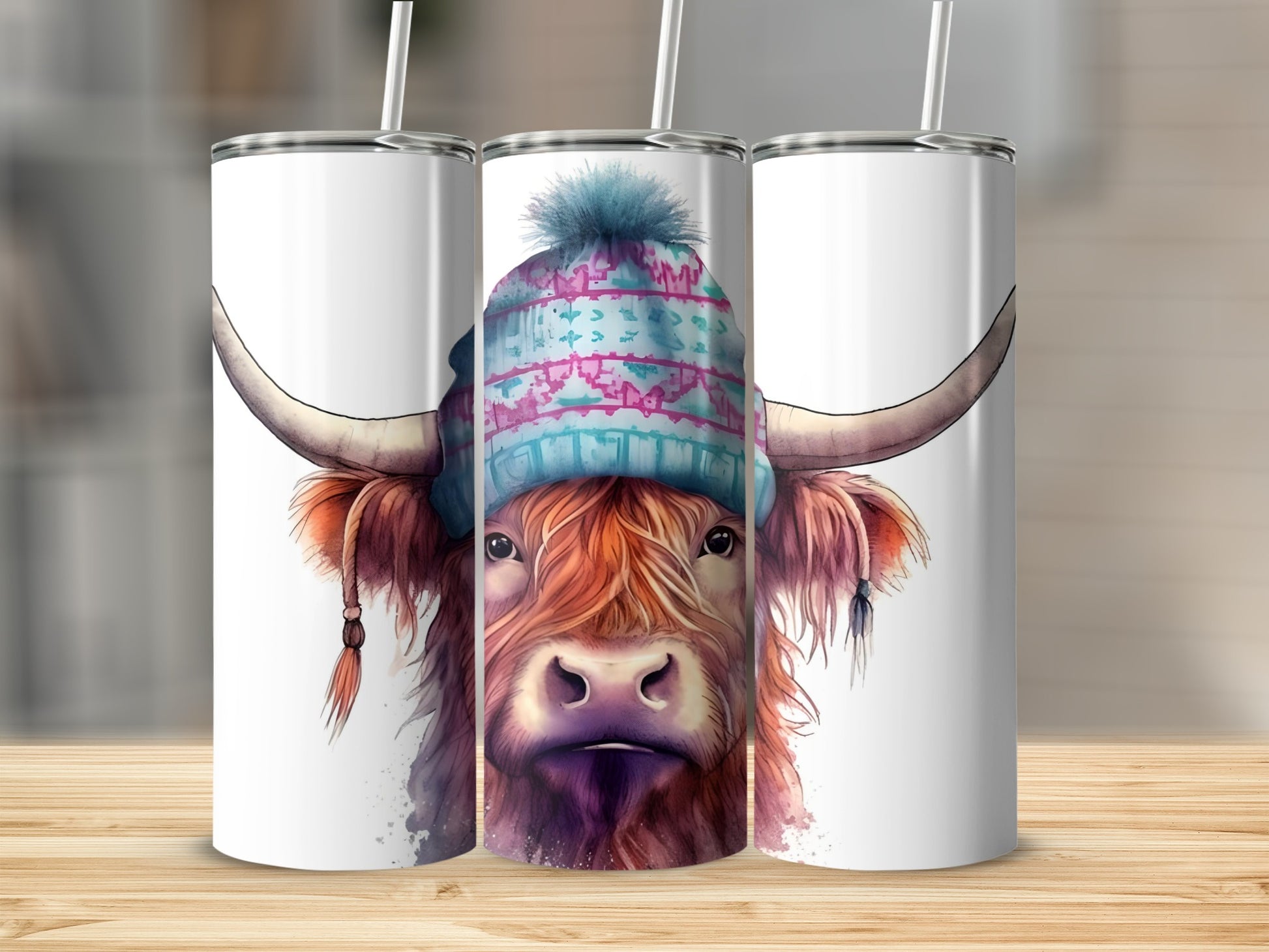 Highland Cow Wearing Winter Hat Design on Tumbler