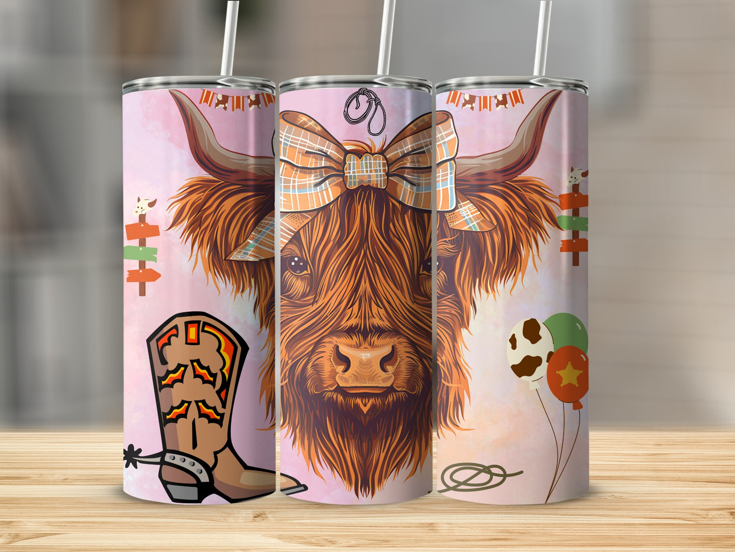 Highland Cow with Bow and Balloons Tumbler Cup