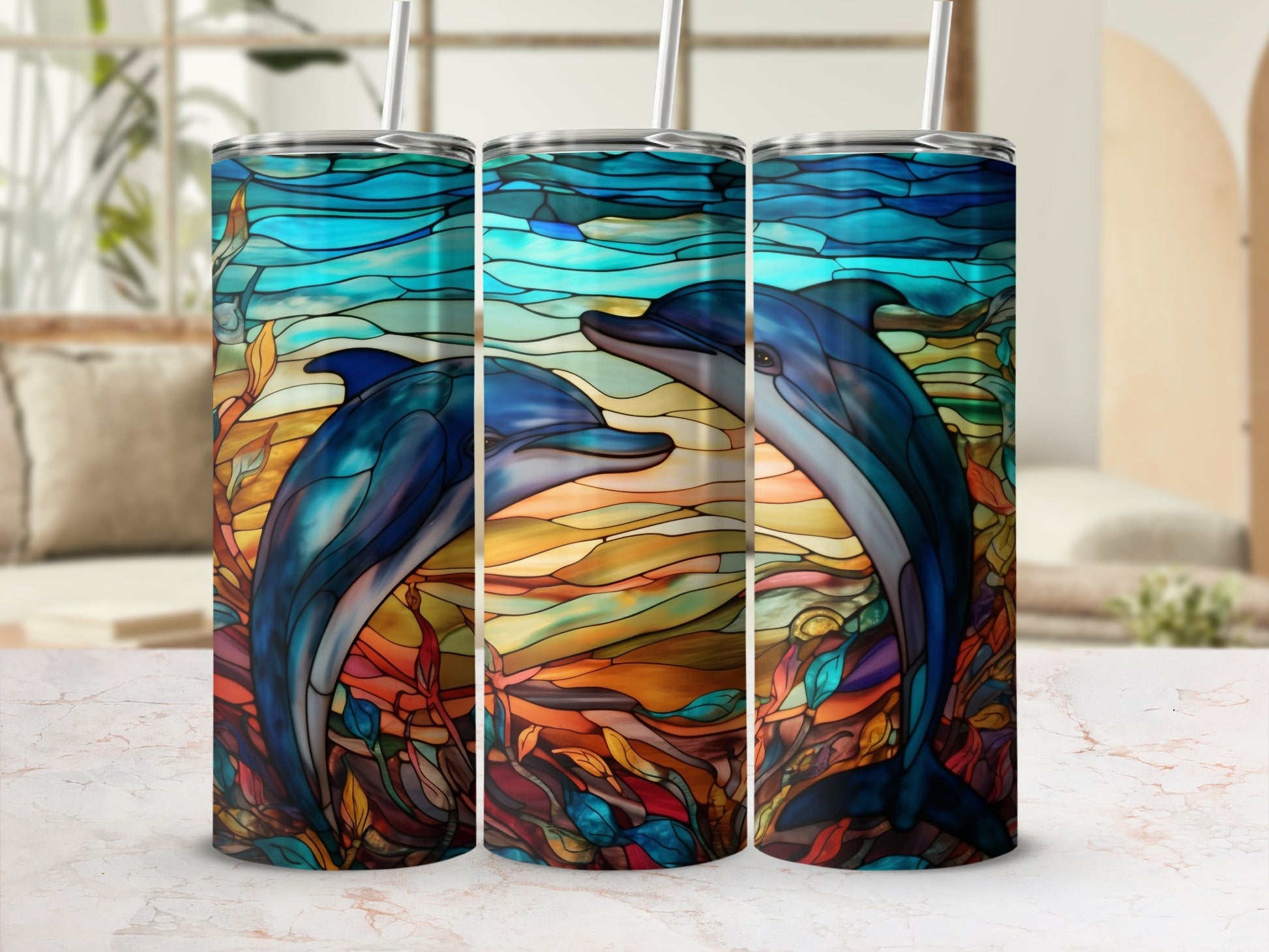 Two dolphins swim through colorful stained glass in this tumbler design.