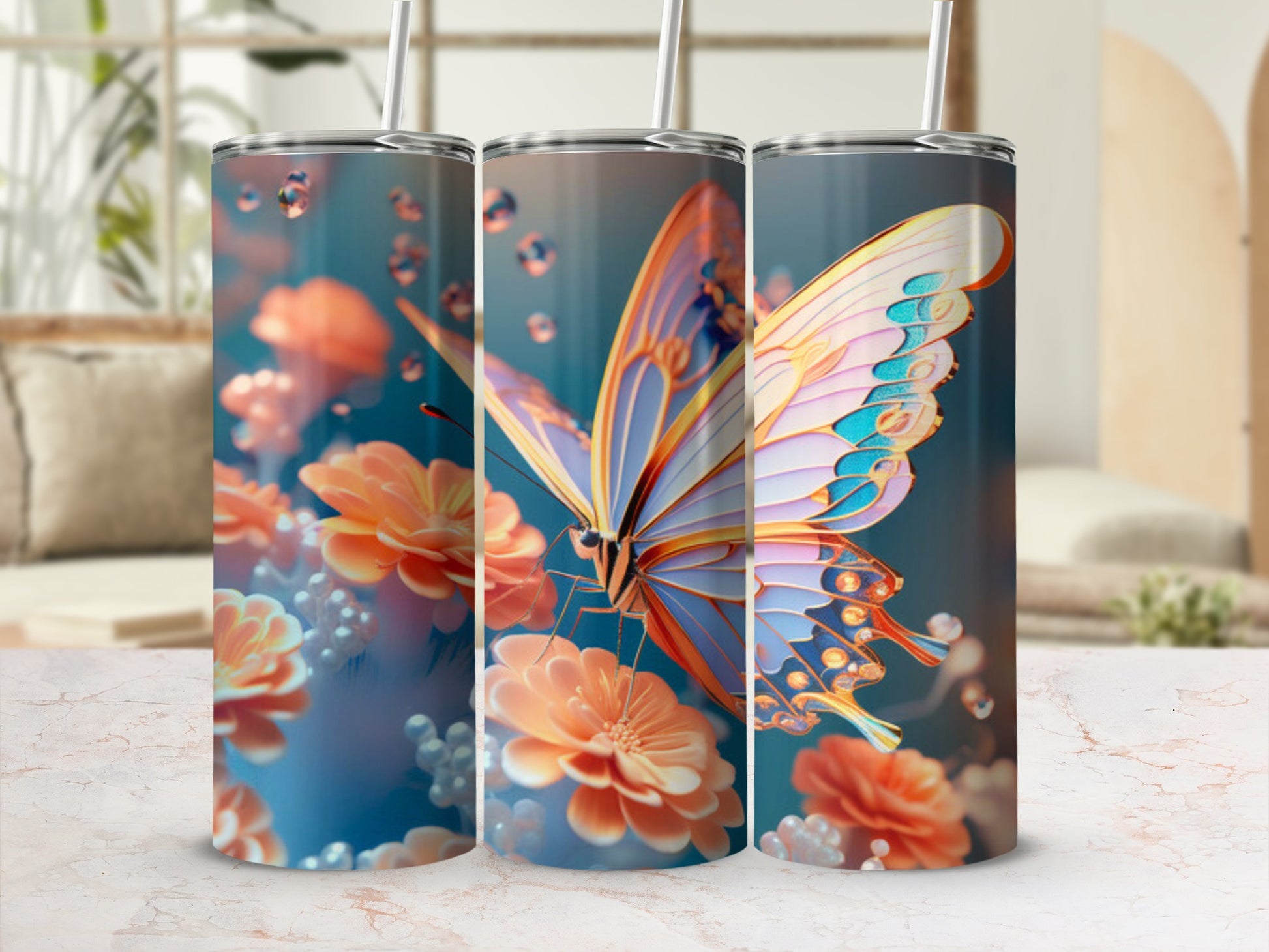 Butterfly on orange flowers, on a blue background, on a tumbler.