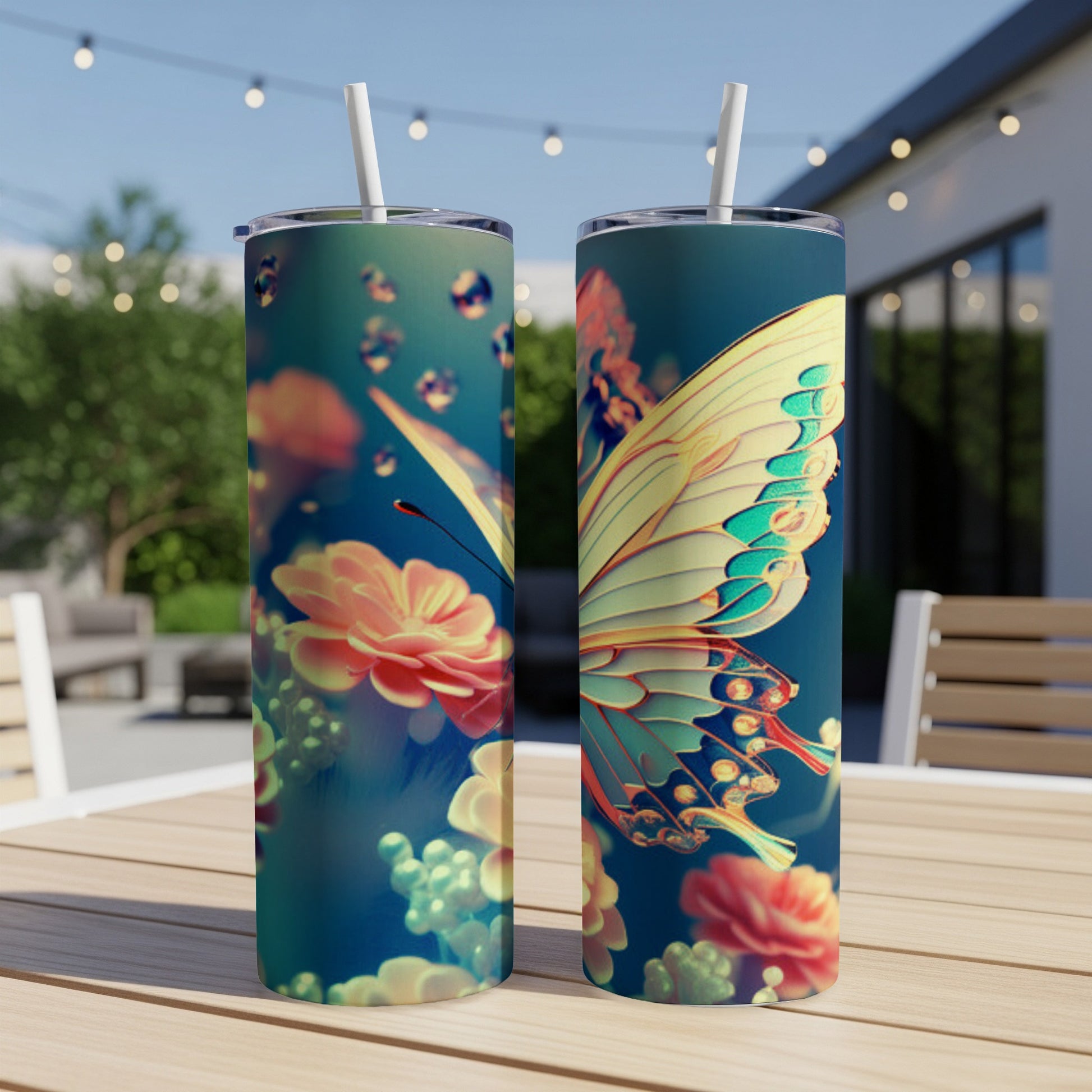 Two tumblers with a butterfly and floral design on a table.