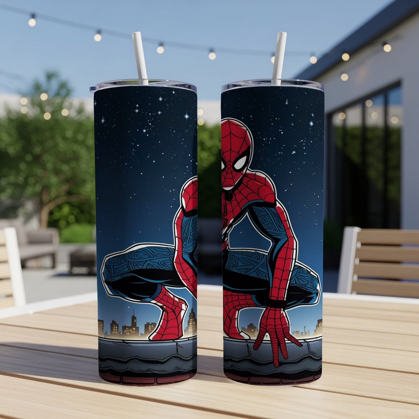 Spider-Man crouching on a rooftop under a starry night sky.