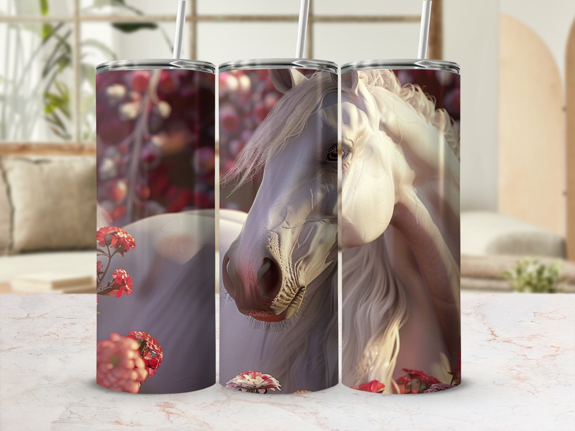 Three tumblers featuring a white horse with flowers and blurred background.