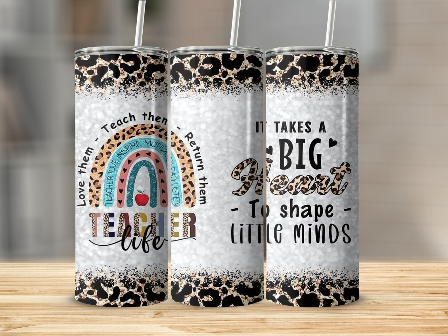 Teacher Life Love Inspire Motivate Leopard Print Tumbler