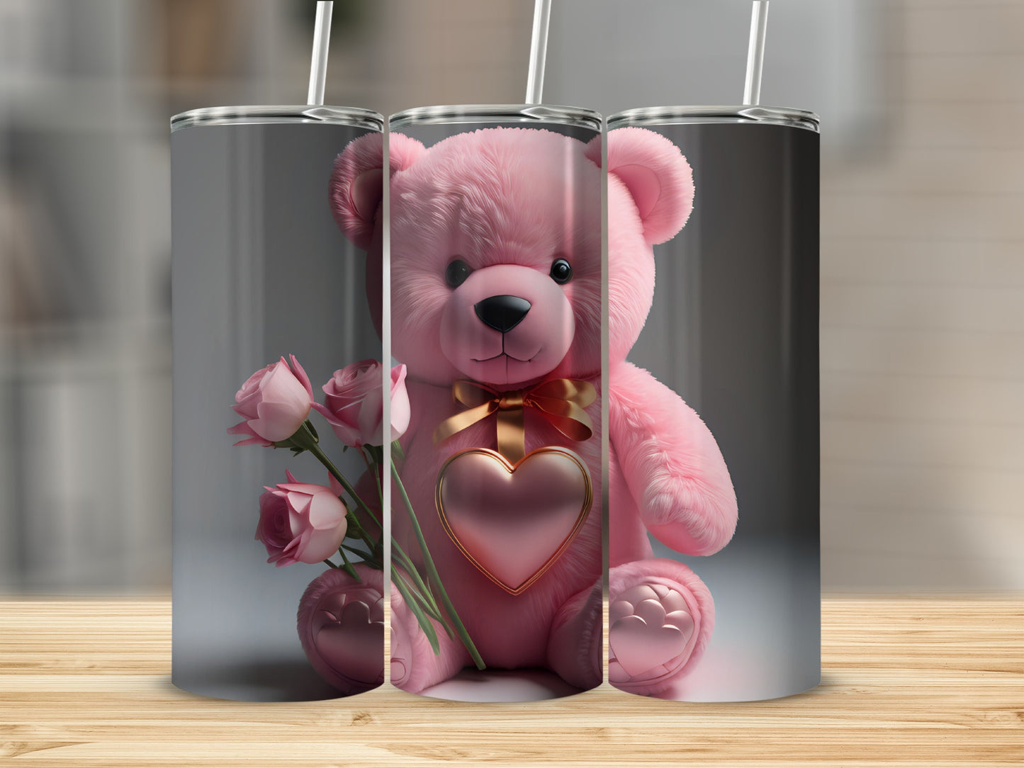 Adorable Pink Teddy Bear with Roses Tumbler Product