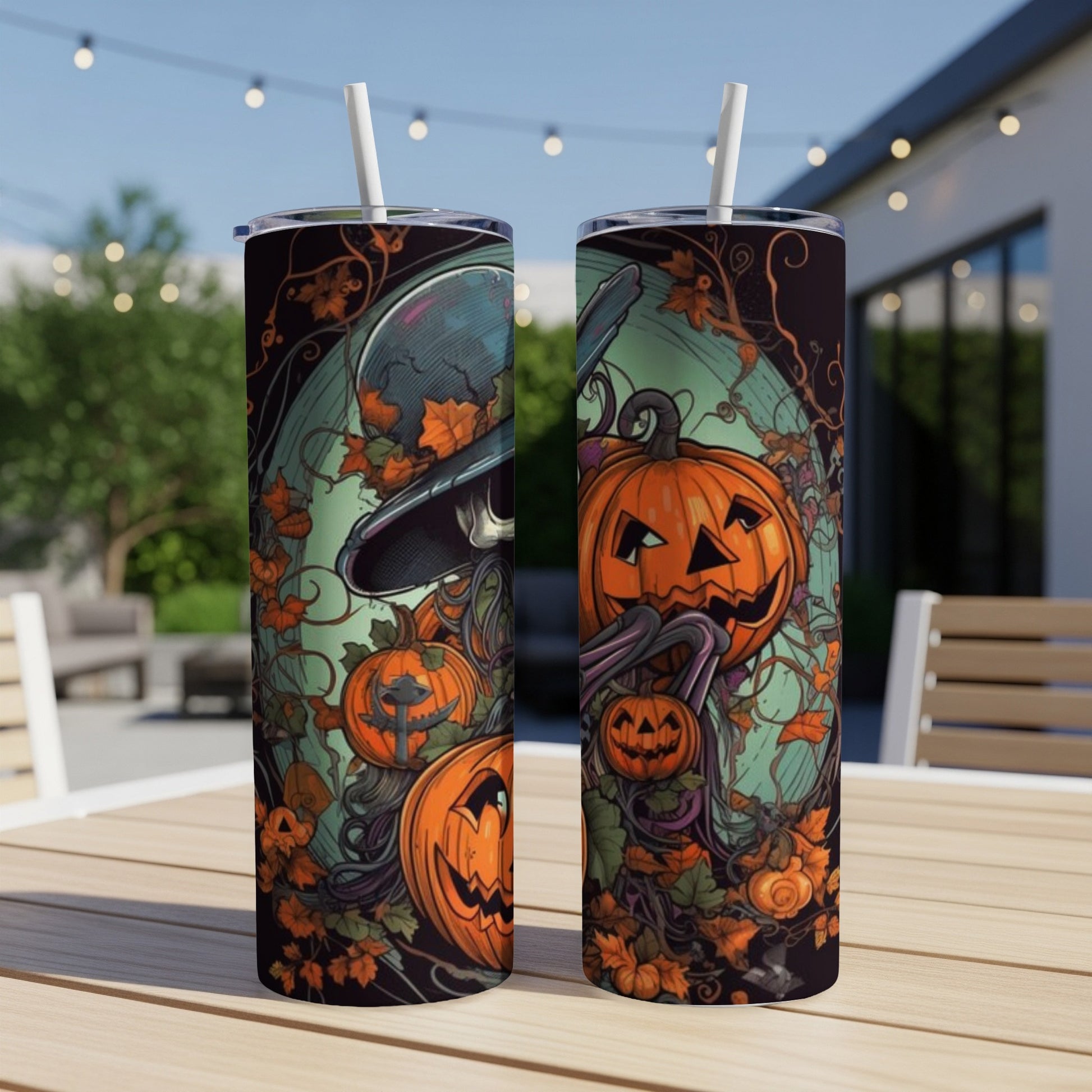 Two Halloween-themed tumblers with jack-o'-lantern and witch hat designs.