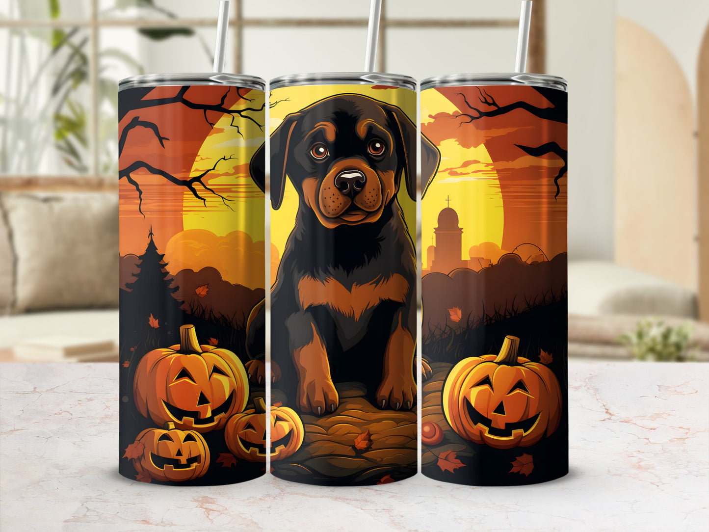 Halloween tumbler with Rottweiler and pumpkins against a sunset sky.