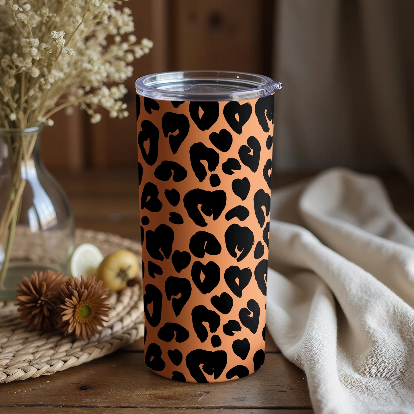 Stylish Leopard Print Tumbler with Heart Accents