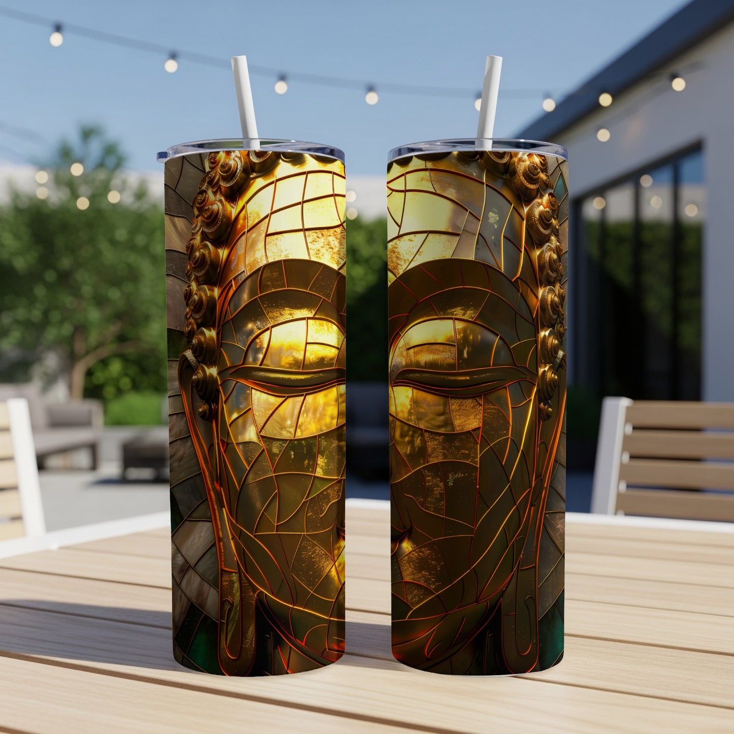 Golden Buddha face mosaic tumbler with straw on a table.