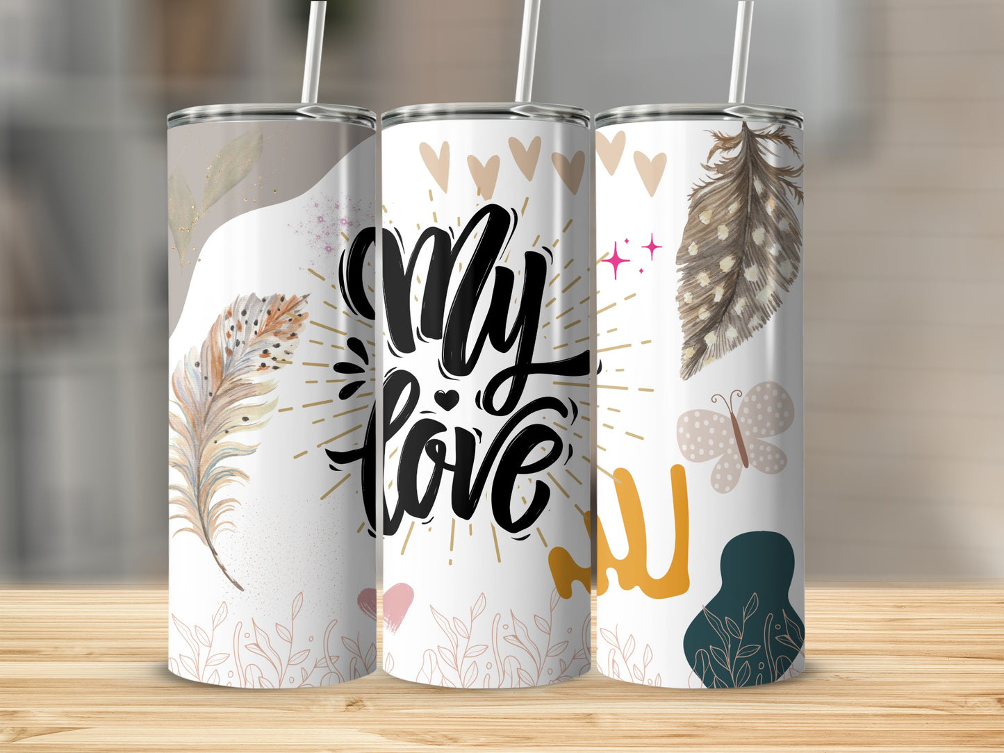 Boho Themed My Love Feathers Butterflies Tumbler