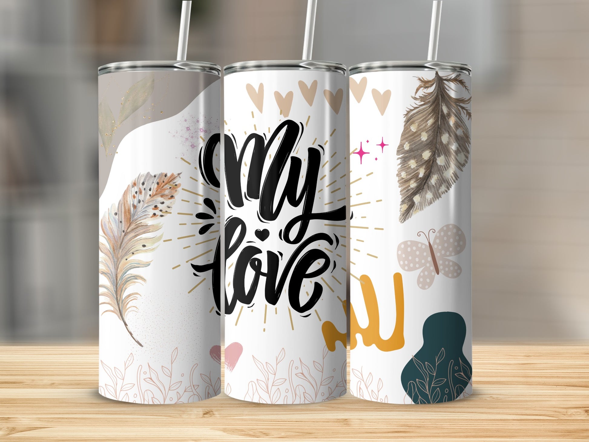 Boho Themed My Love Feathers Butterflies Tumbler
