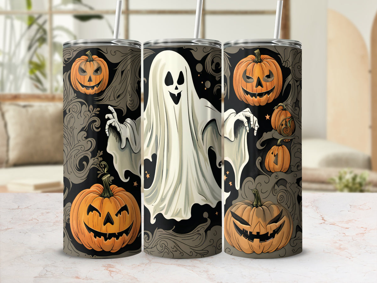 Three tumblers feature a ghost and jack-o'-lantern Halloween design with ornate swirls.