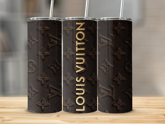 Brown tumbler with repeated LV monogram pattern and gold "Louis Vuitton" text.