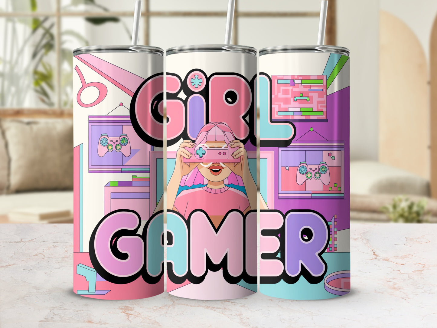 Tumbler with 'Girl Gamer' text featuring a person holding a pink video game controller.