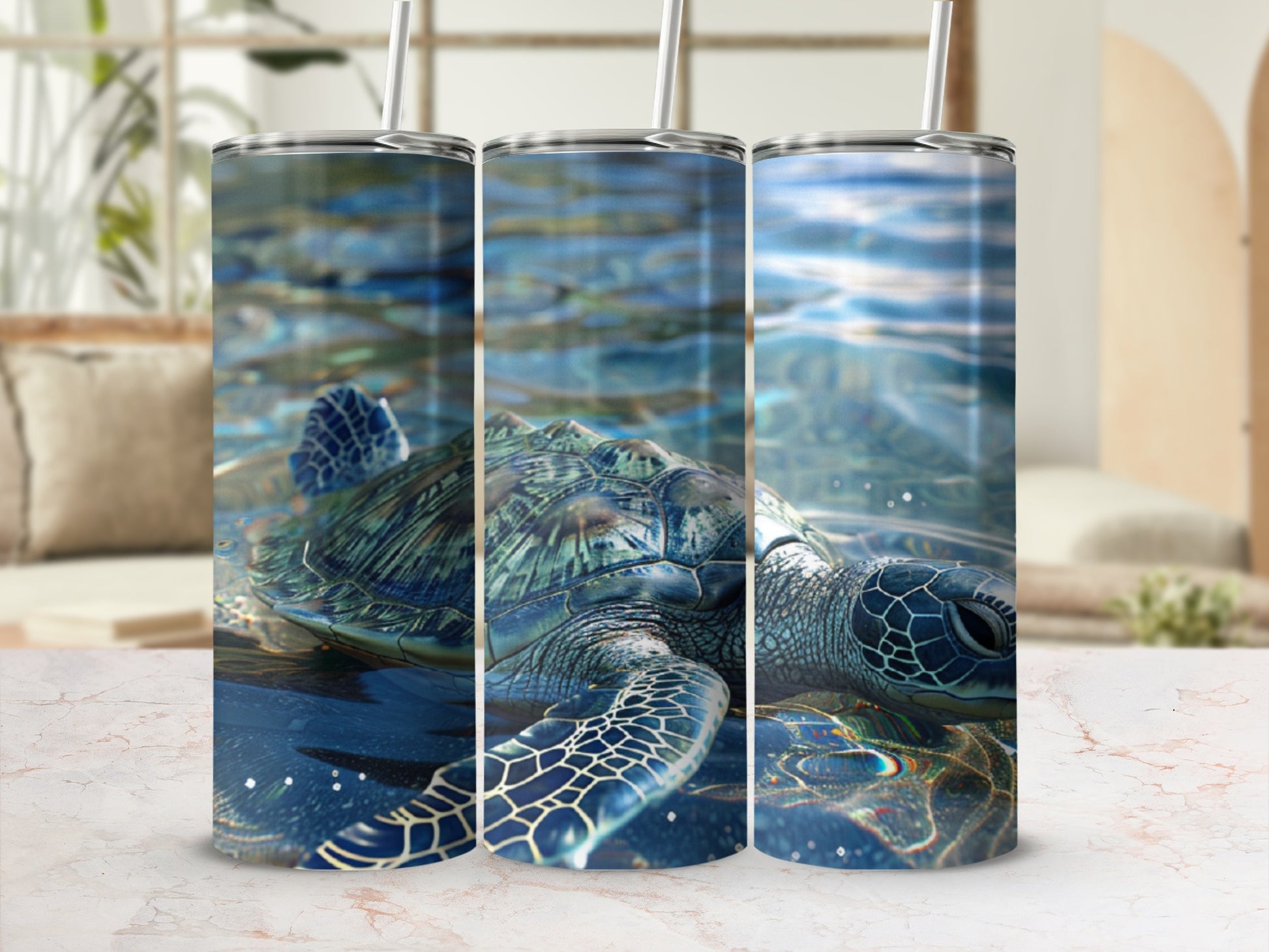 Sea turtle swimming in clear blue water, rendered on three cylindrical tumblers.