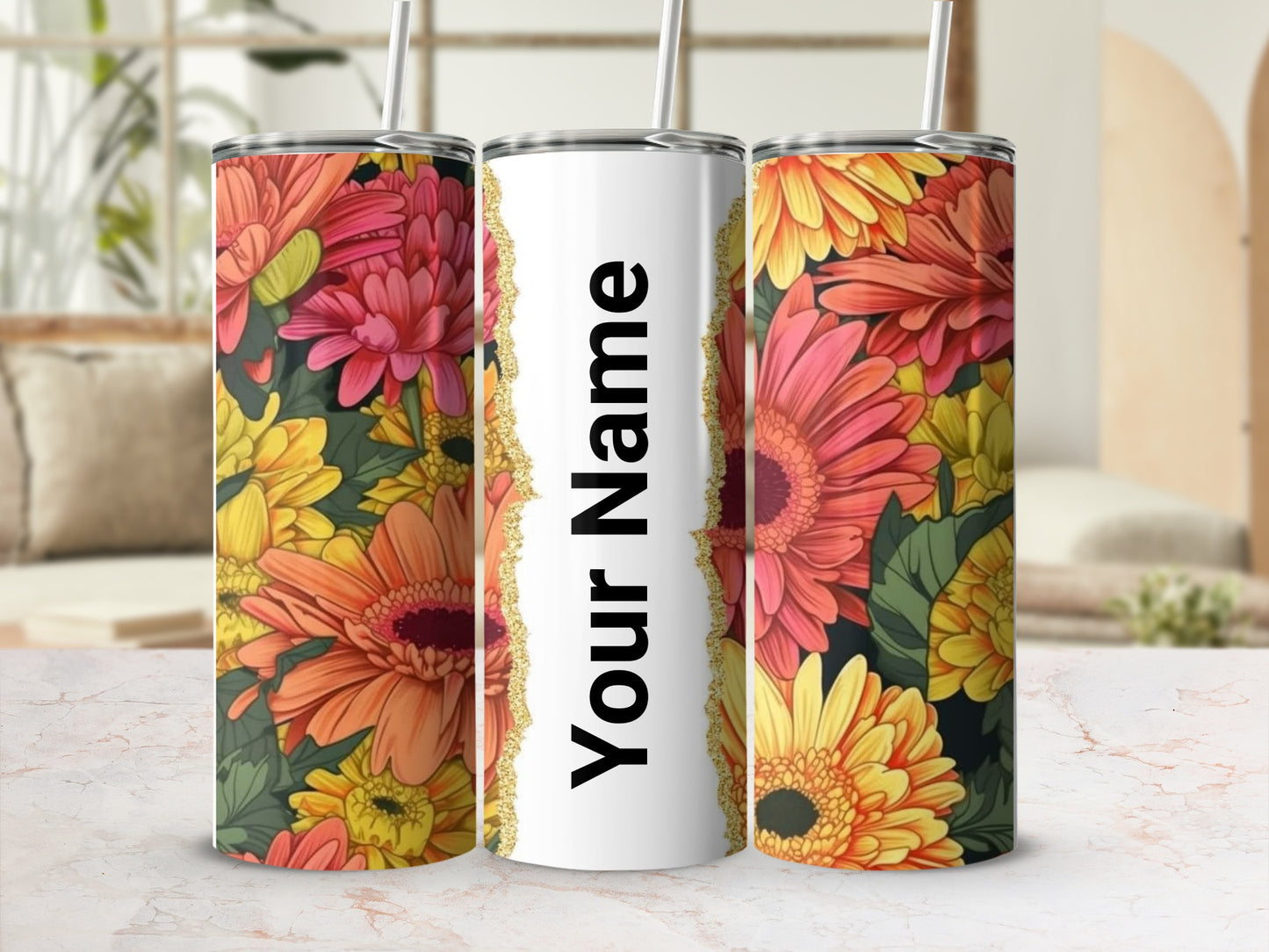 Personalized Floral Design Tumbler with Custom Name