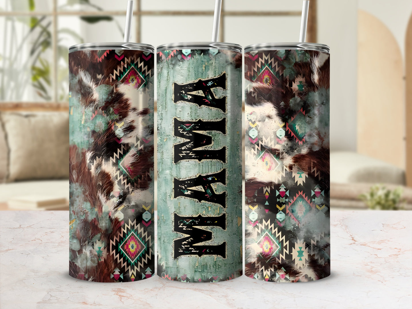 "Mama" text on a tumbler with cowhide and tribal patterns.