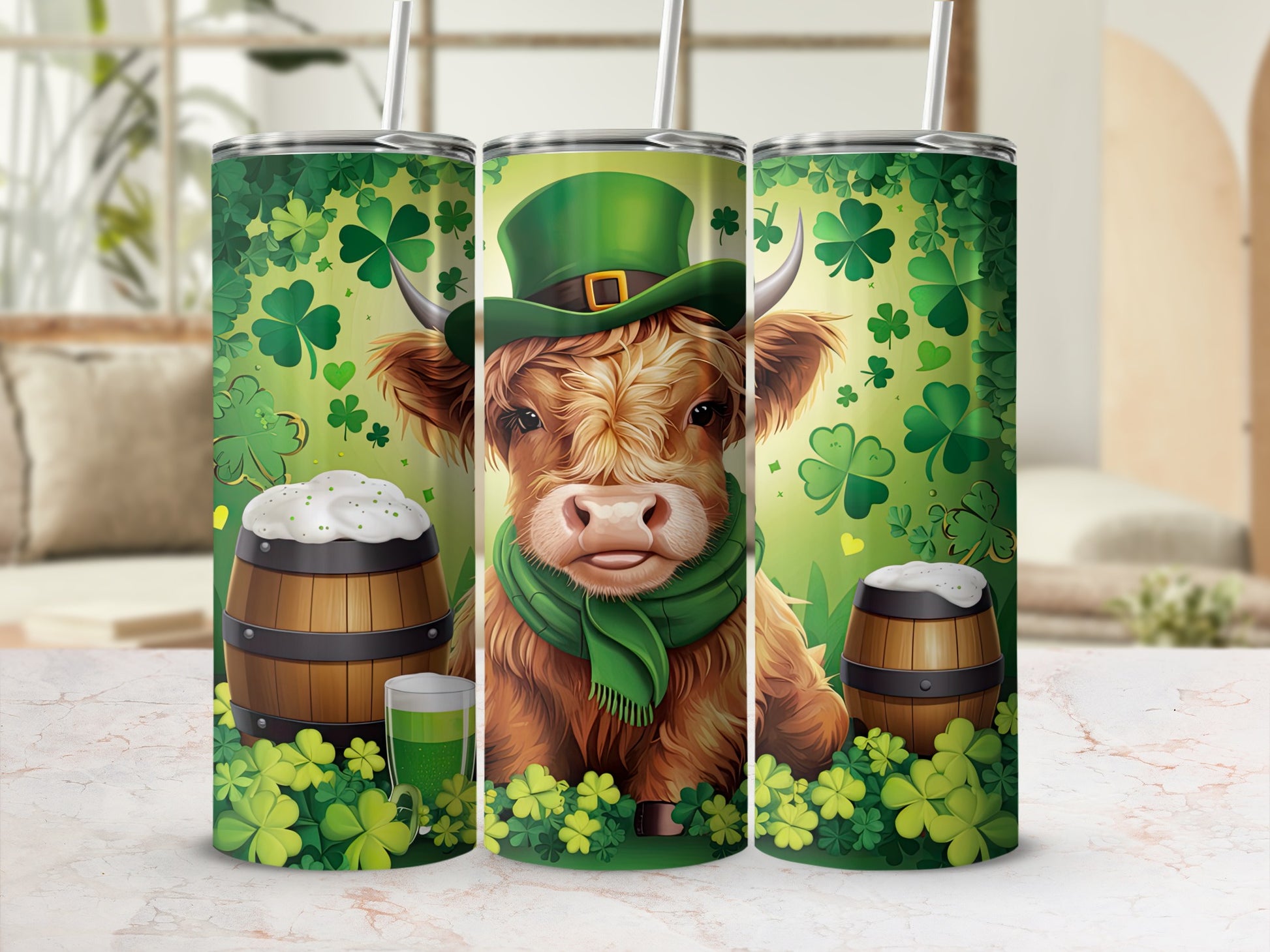 St. Patrick's Day cow with hat, scarf, barrel, and shamrocks.