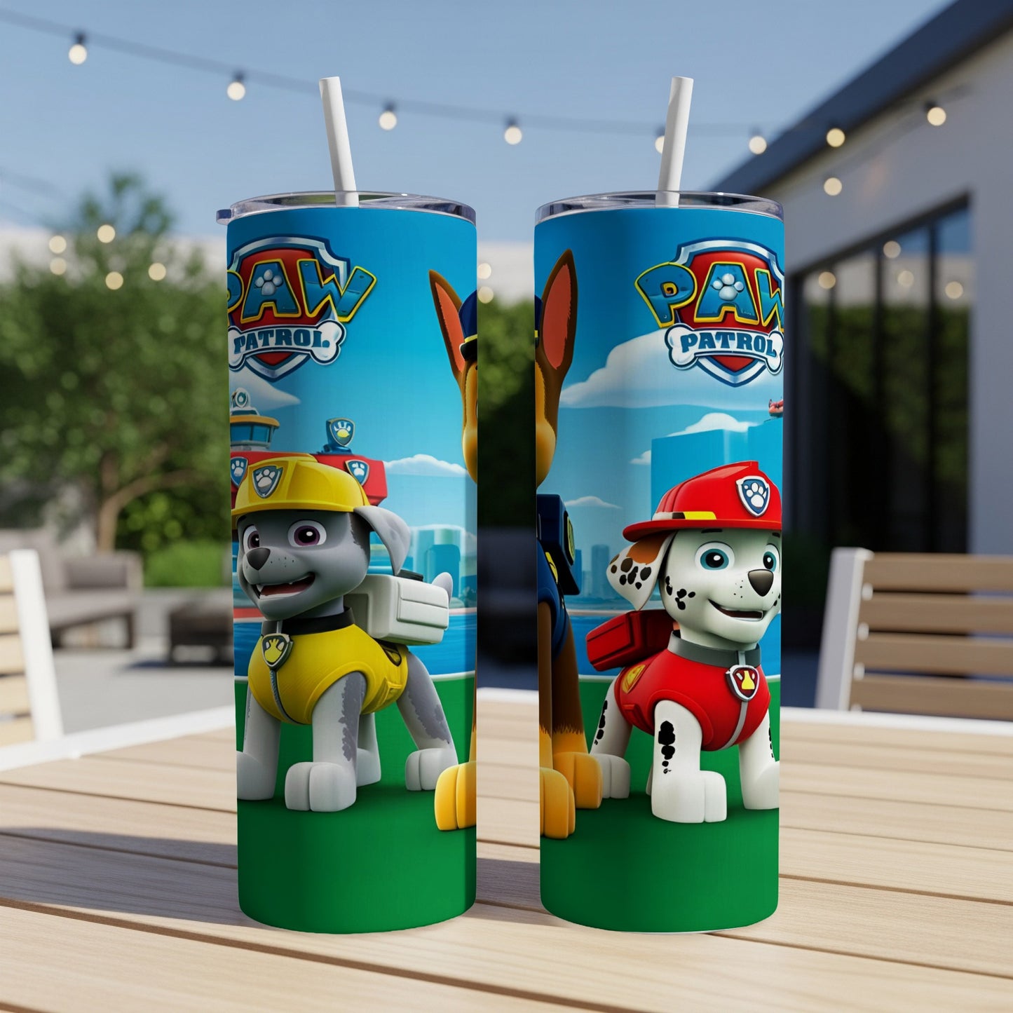 Two Paw Patrol tumblers featuring Chase and Marshall characters.