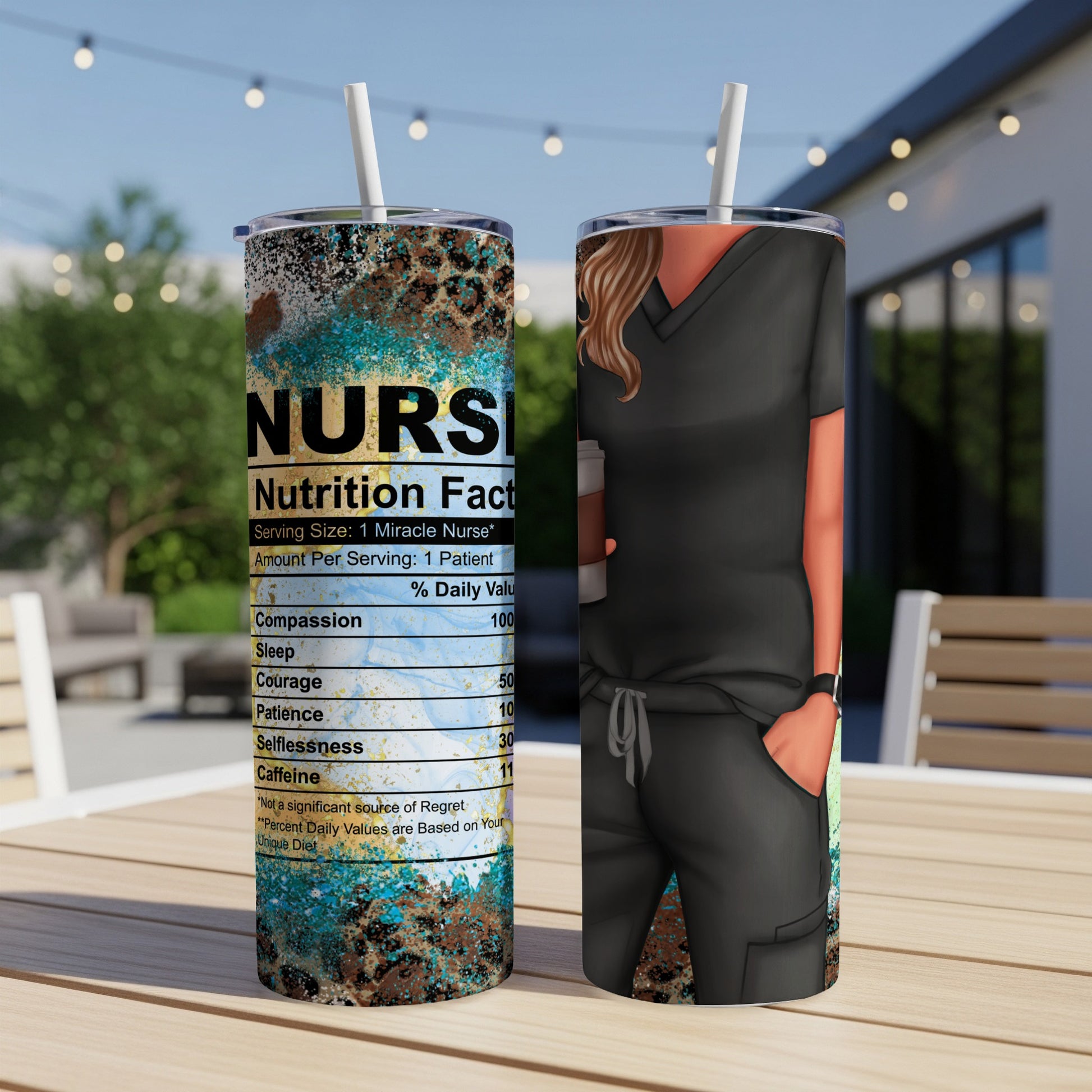 Two nurse-themed tumblers, one with "Nutrition Facts" and a breakdown of nurse attributes.