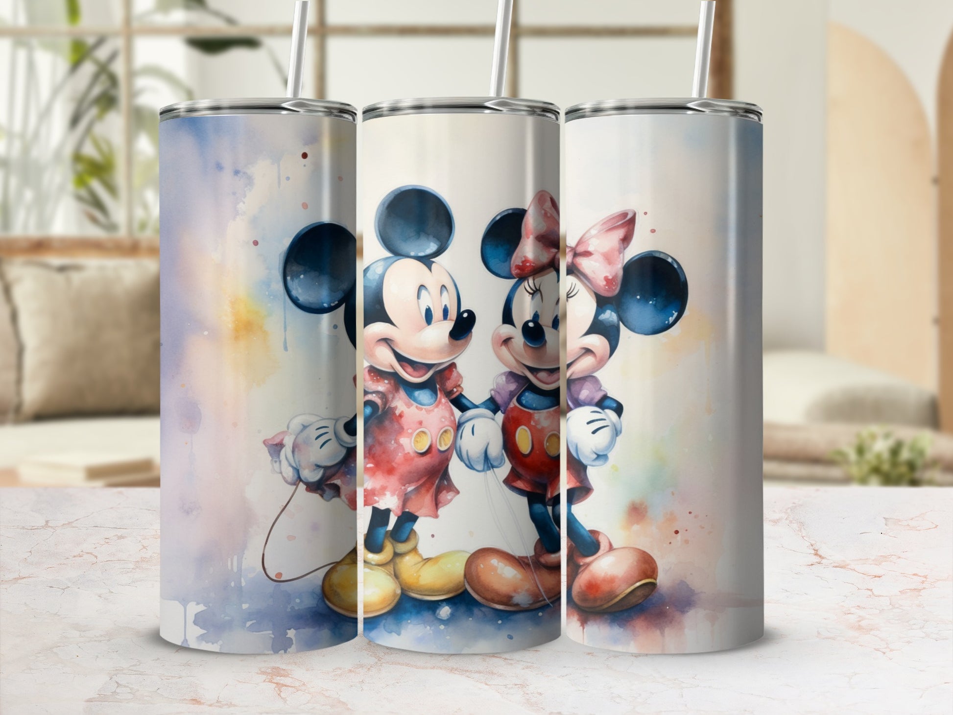 Colorful Mickey and Minnie Illustrated Tumbler Design