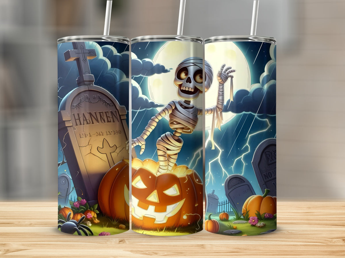 Three tumblers with a Halloween graveyard scene featuring a mummy and jack-o'-lantern.