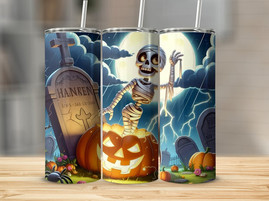 Three tumblers with a Halloween graveyard scene featuring a mummy and jack-o'-lantern.