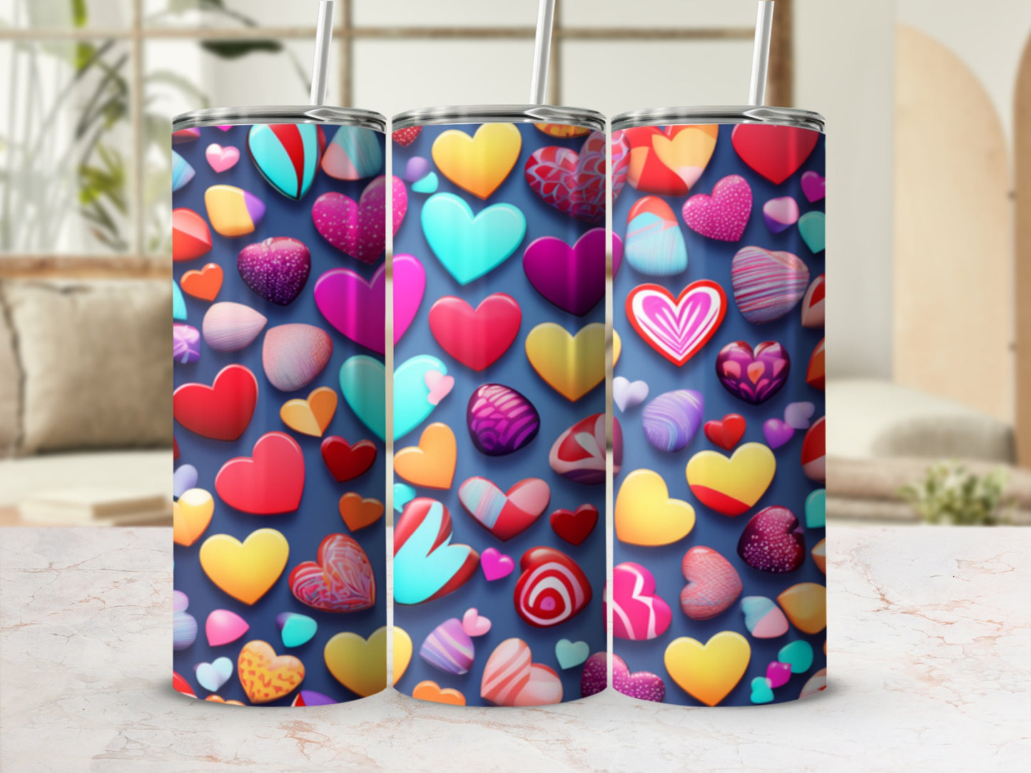 Three tumblers with a colorful, varied heart pattern, displayed on a patterned surface.