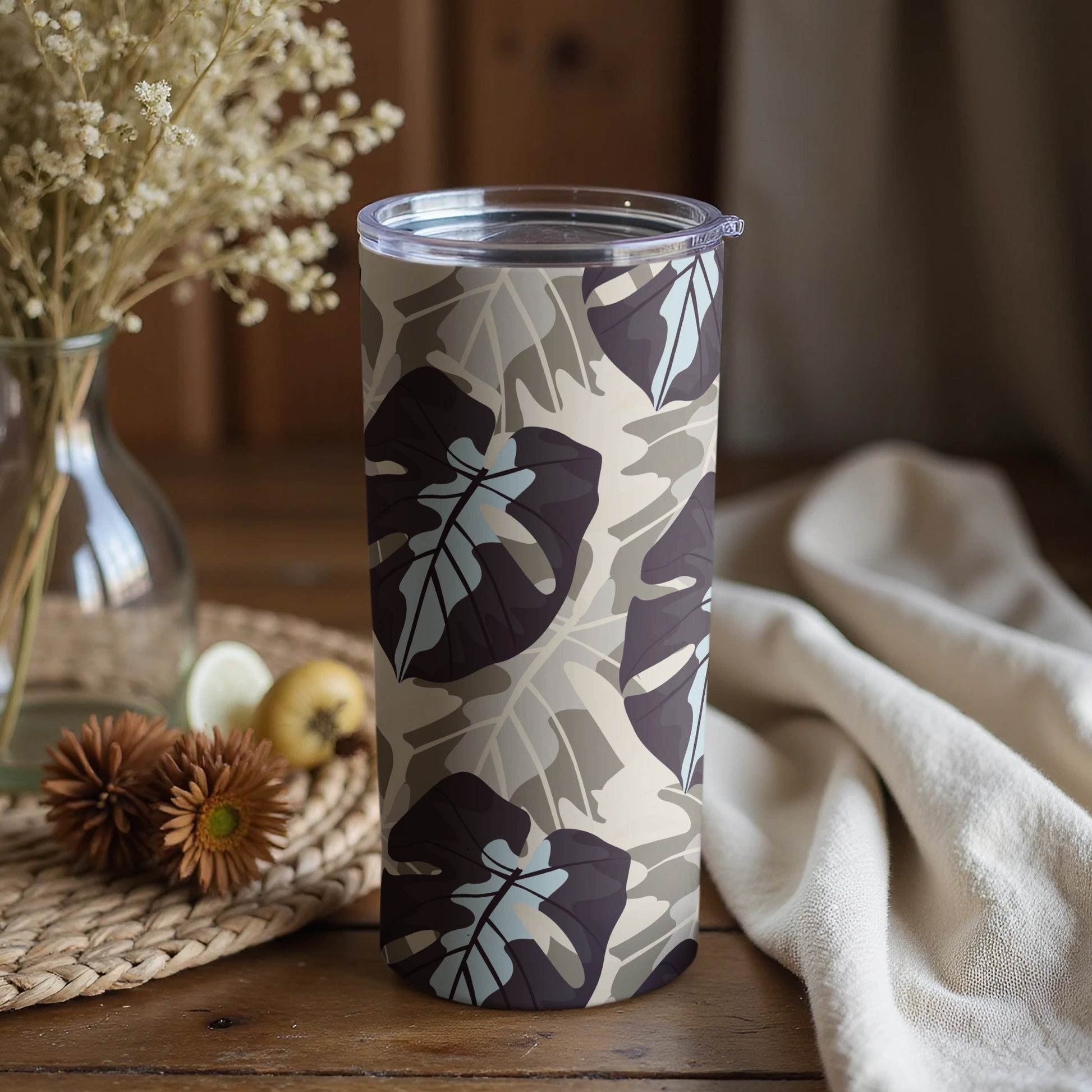 Tropical Leaf Print Stainless Steel Tumbler Cup