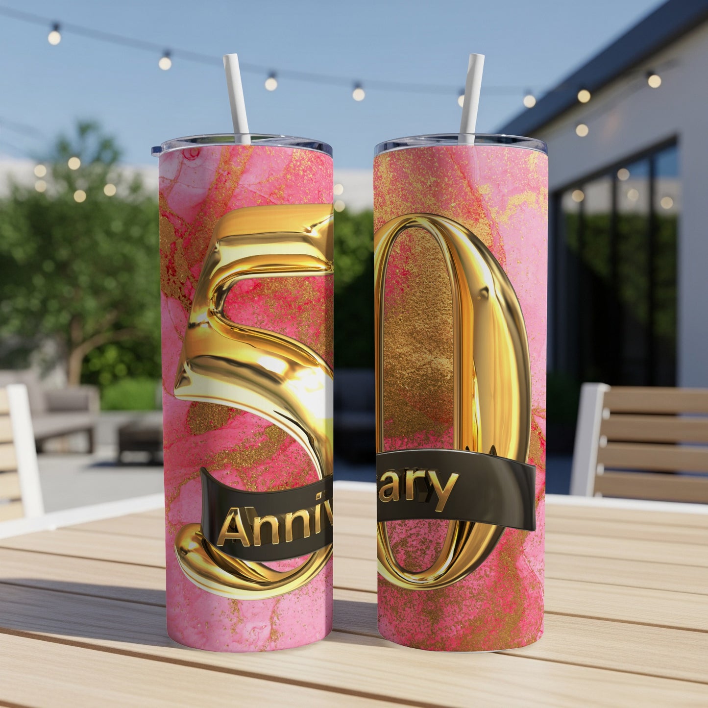 Two tumblers with "50 Anniversary" text on pink marble background.