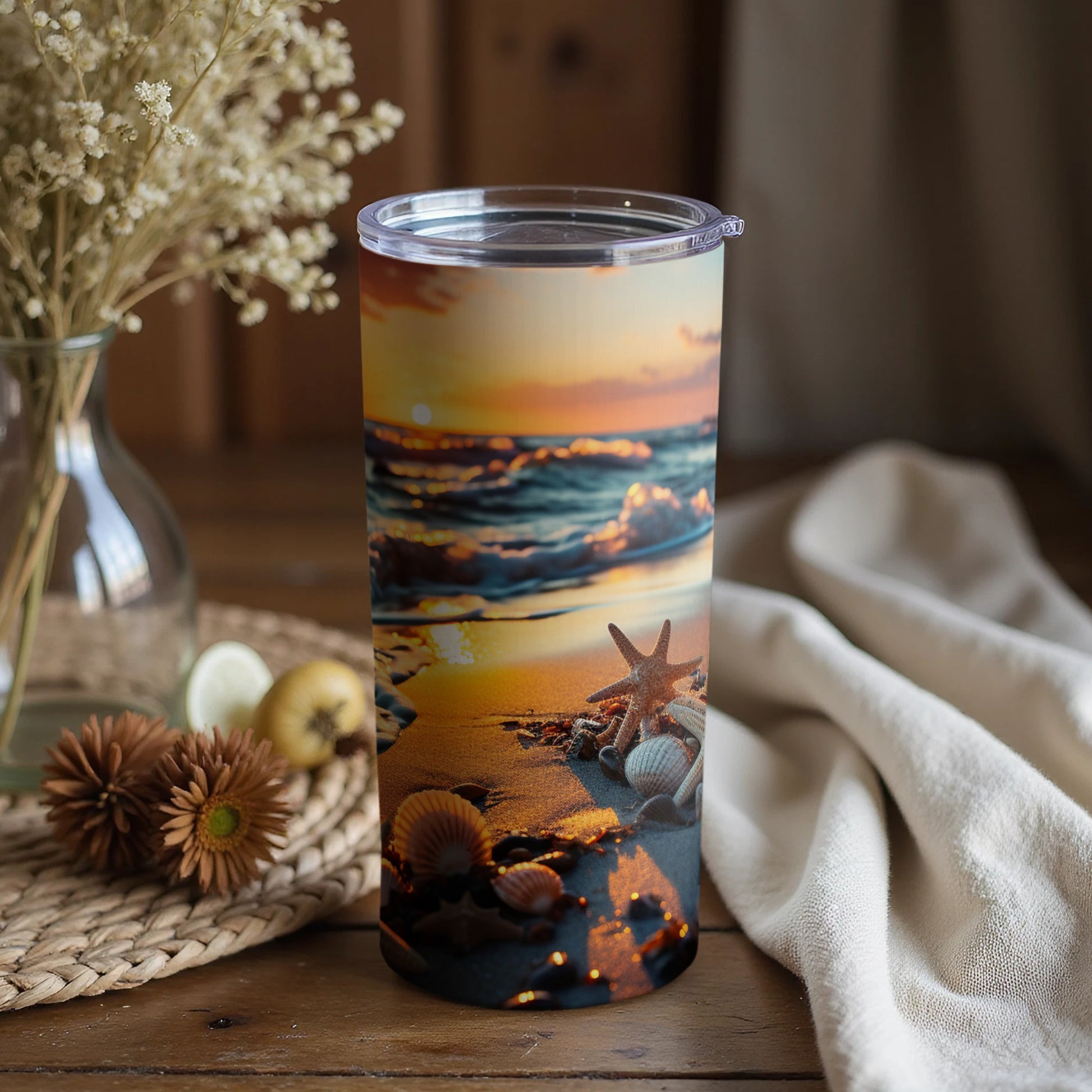 Sunset Beach Shells Design Tumbler with Lid