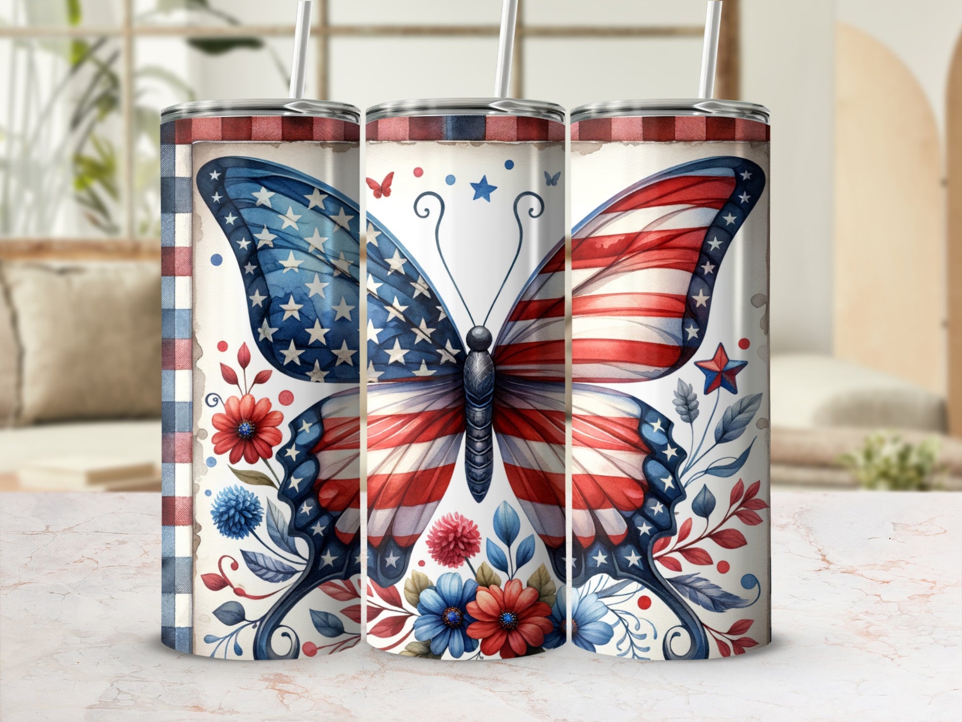 Butterfly tumbler with patriotic flag design and floral accents.