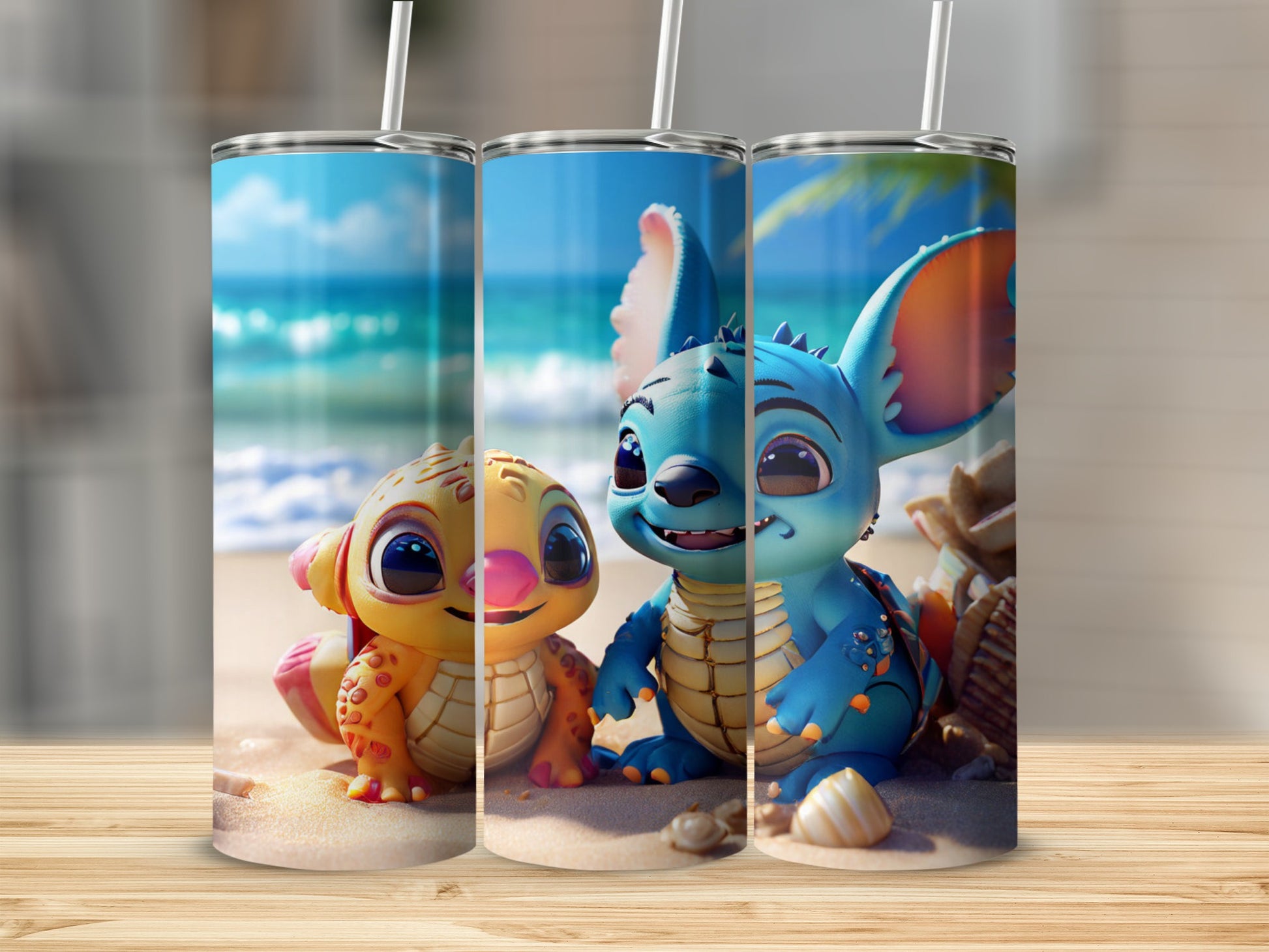 Two cartoon characters, one yellow and one blue, sit on a beach.