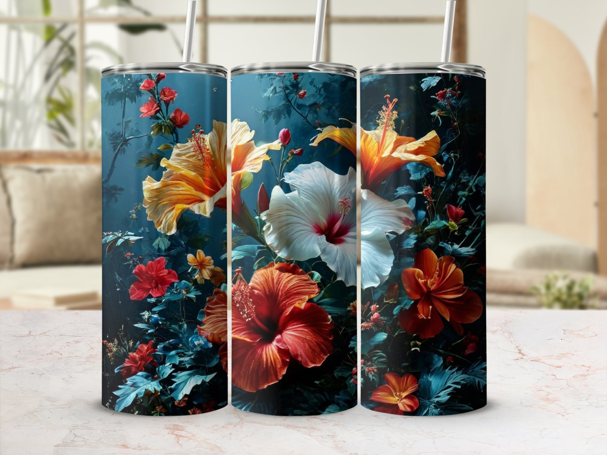 Three tumblers featuring vibrant hibiscus flowers on a dark blue background.
