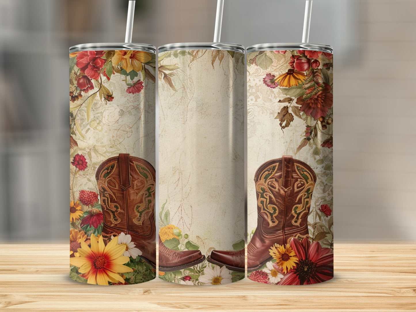 Cowboy boots and floral design on a tumbler.