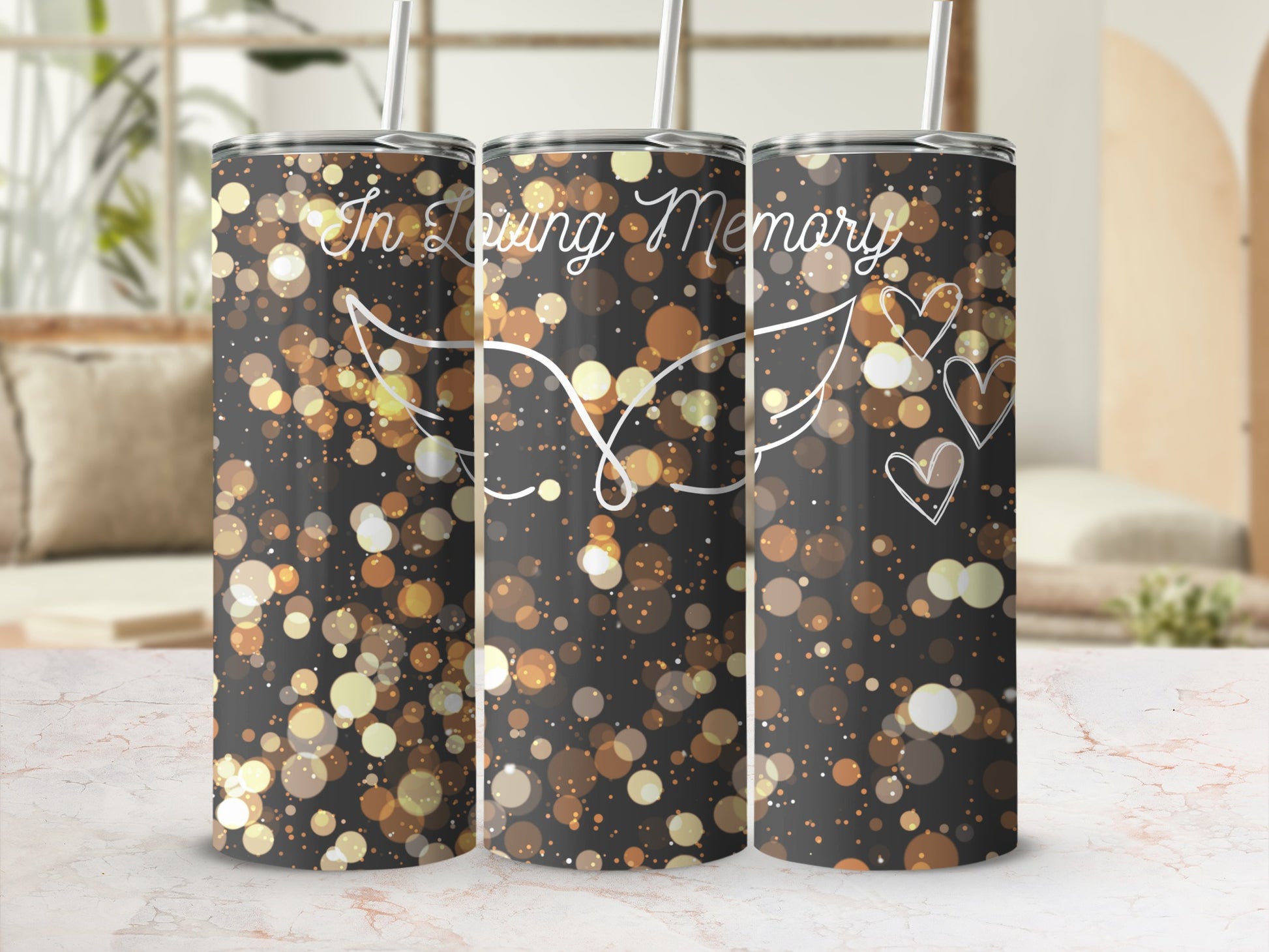 Glittering bokeh pattern with "In Loving Memory" and hearts on a tumbler.