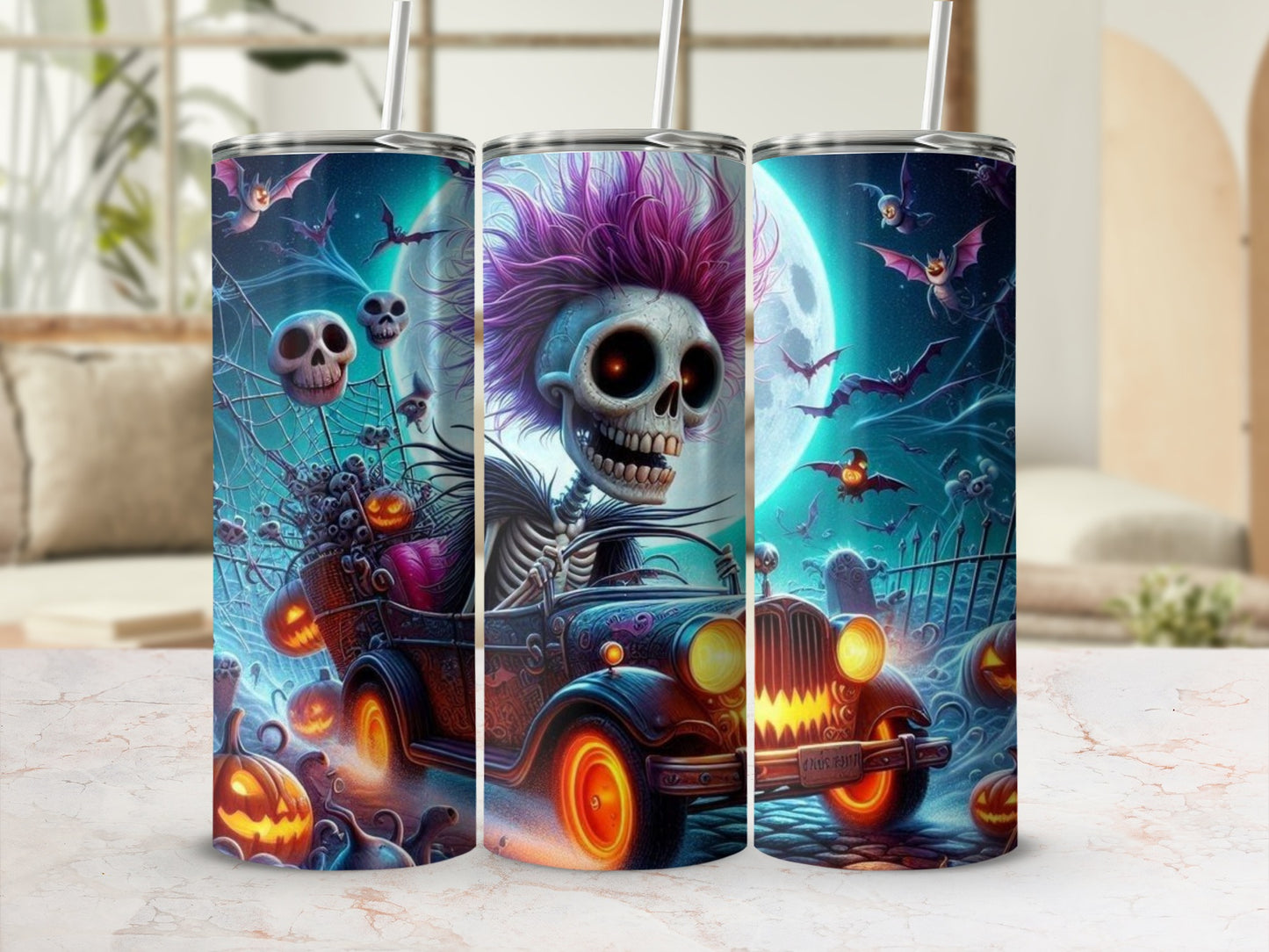 Spooky Skeleton Driving Car Halloween Tumbler
