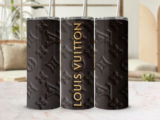 Dark brown tumbler with embossed Louis Vuitton logo and text.