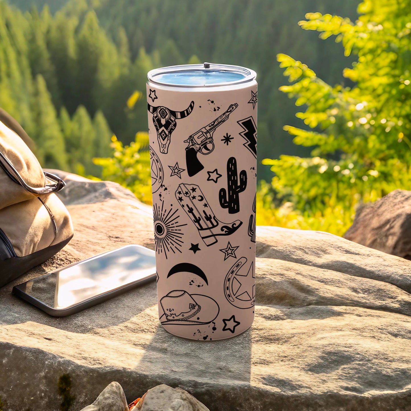 Western Themed Black and White Tumbler with Lid