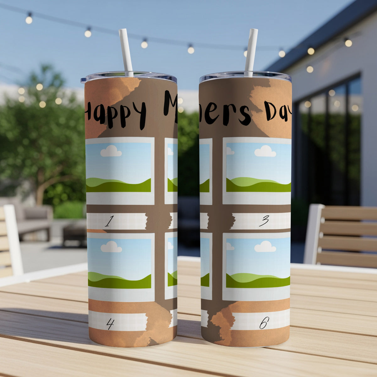 Tumblers with "Happy Mother's Day" text and photo collage frames.
