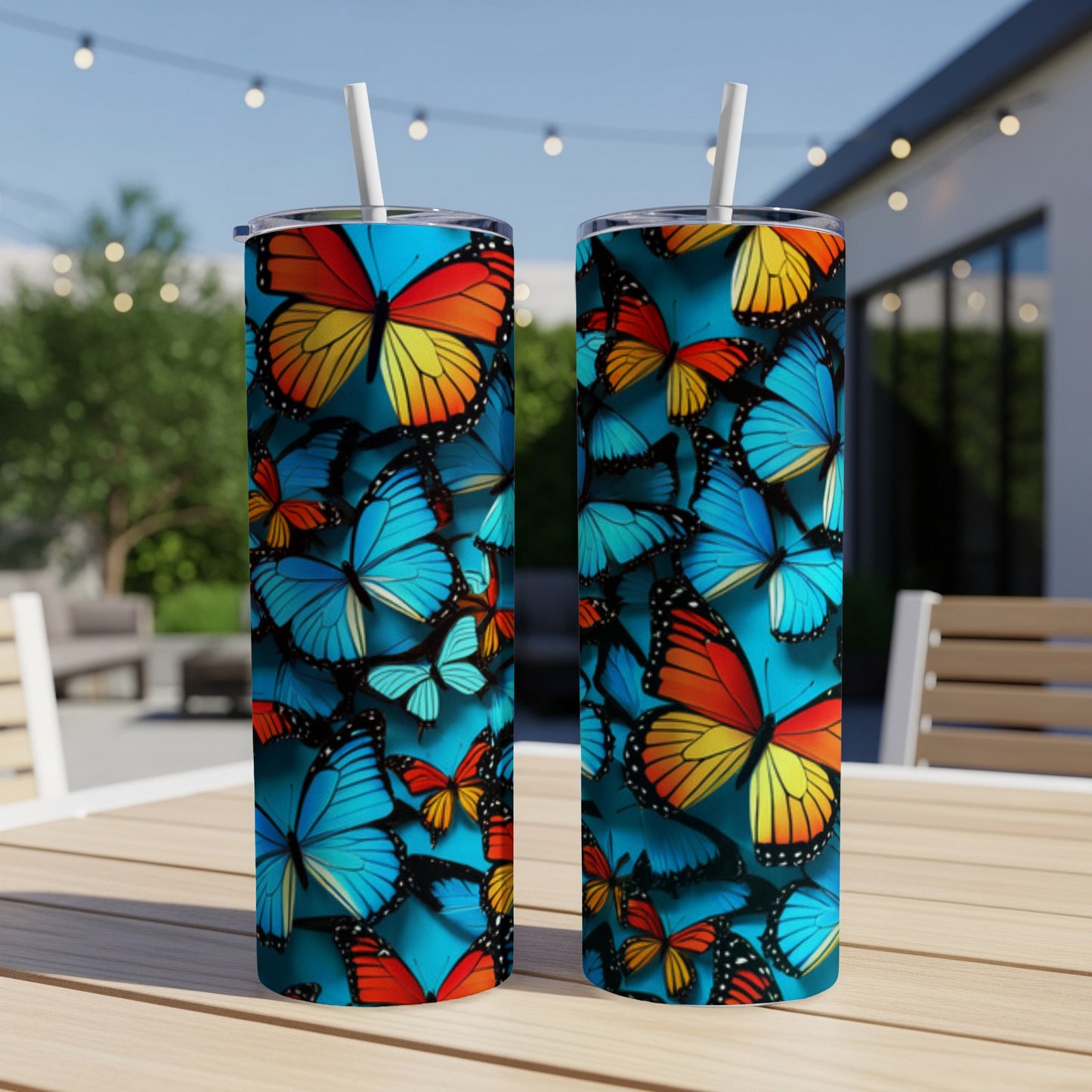 Two tumblers featuring a bright blue background with colorful butterflies.