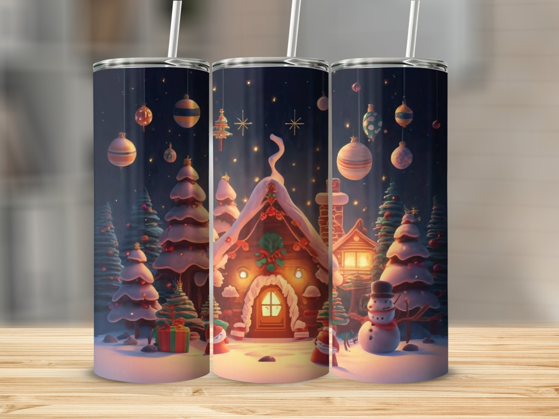 Christmas gingerbread house with snowmen and decorated trees, on a tumbler.