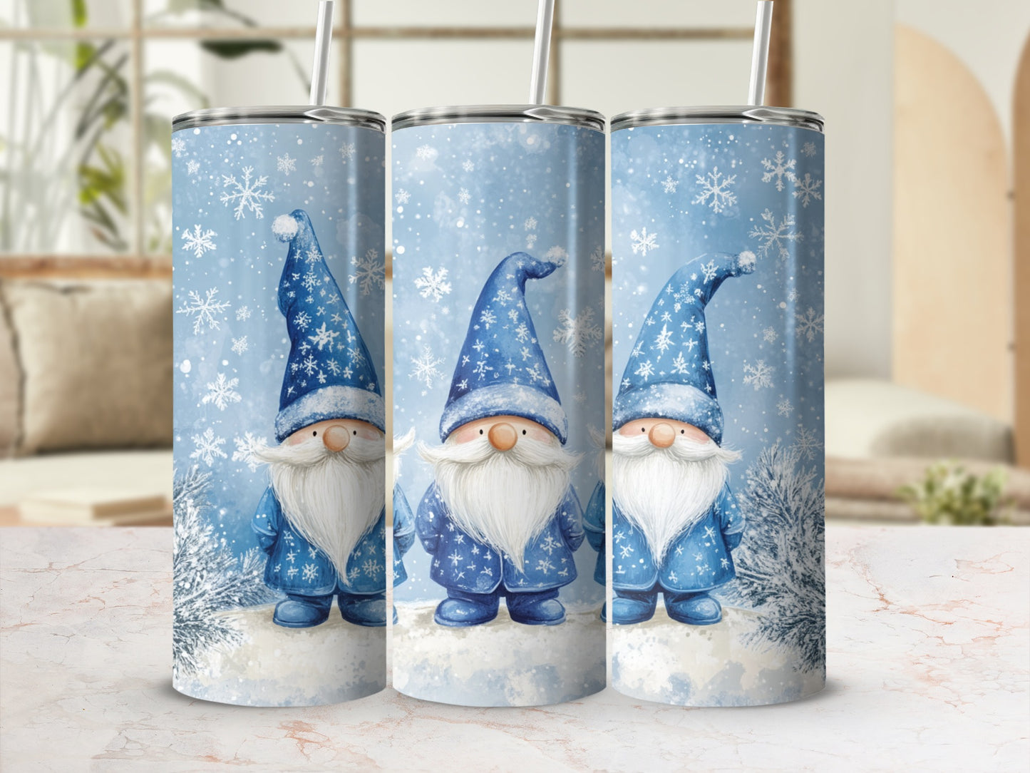 Blue gnome illustration with snowflakes and trees on a tumbler.