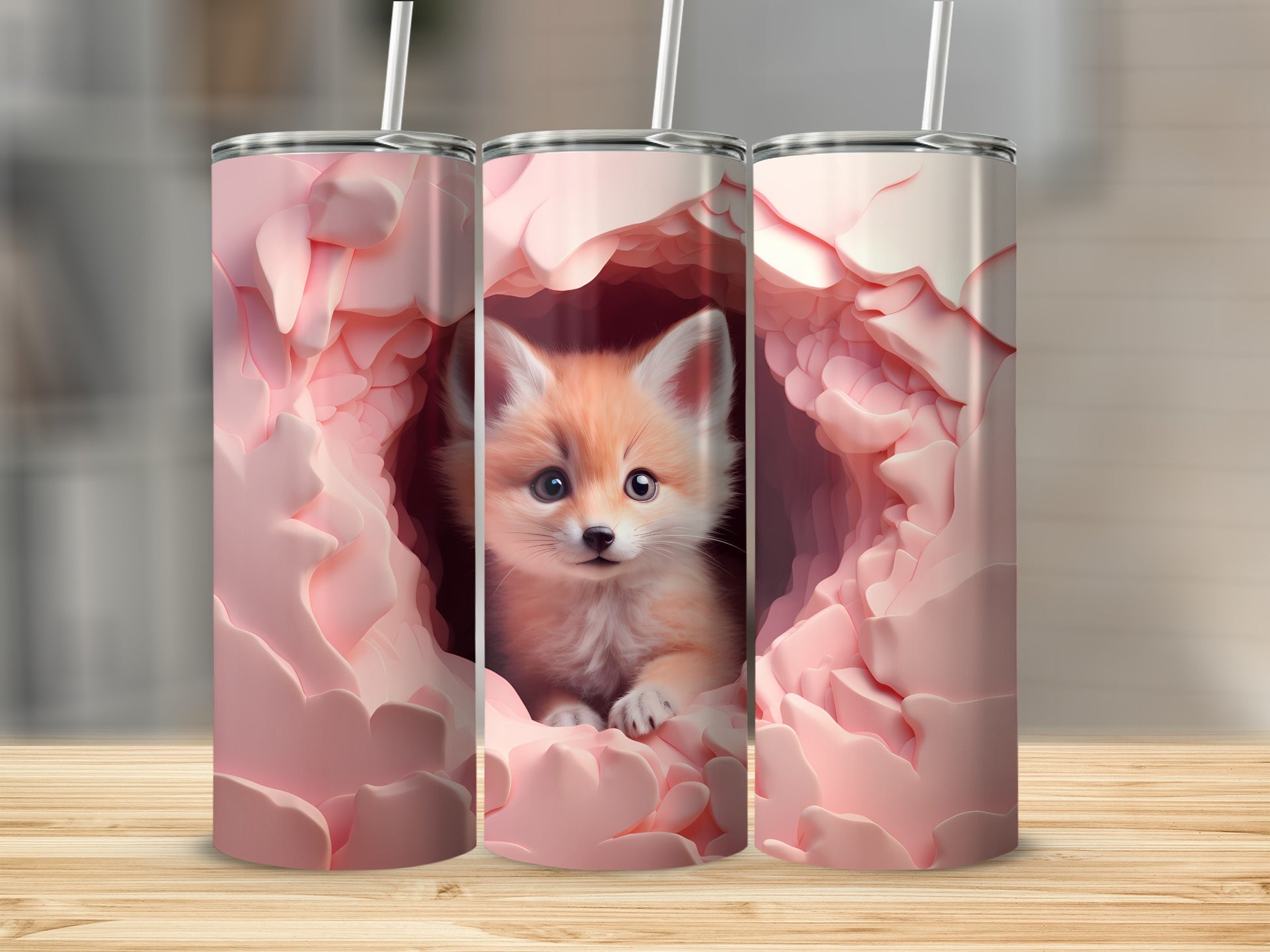 Cute Fox in Pink Floral Setting Tumbler Product
