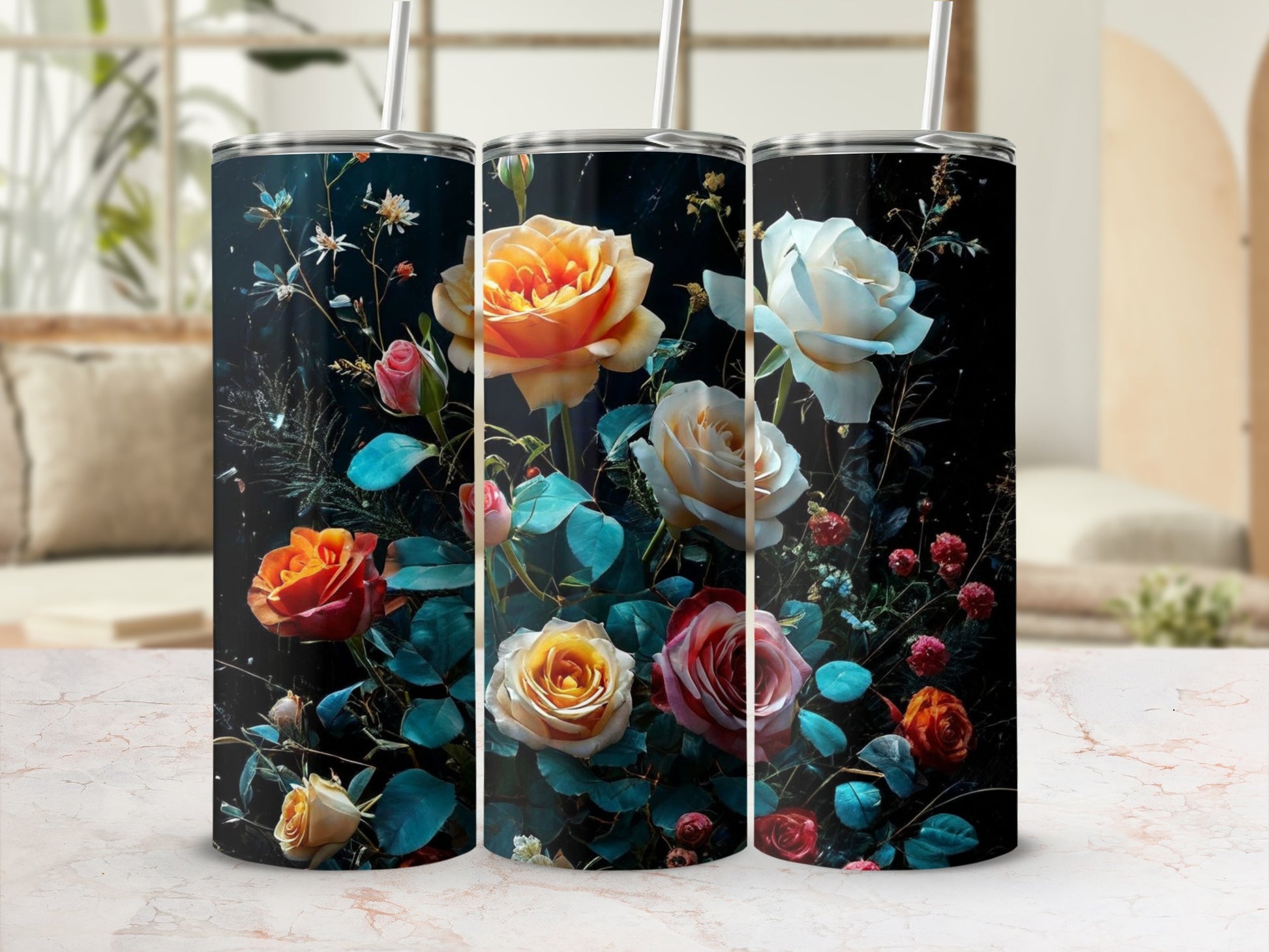 Three tumblers featuring vibrant floral patterns with roses and other blooms on a dark background.