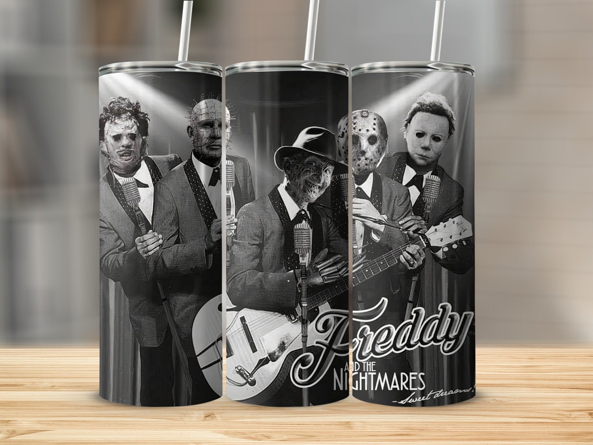 Horror movie villains dressed as musicians, with "Freddy and the Nightmares" text.
