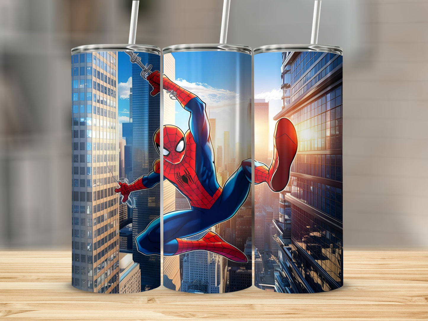 Spiderman in a dynamic pose against a cityscape background.