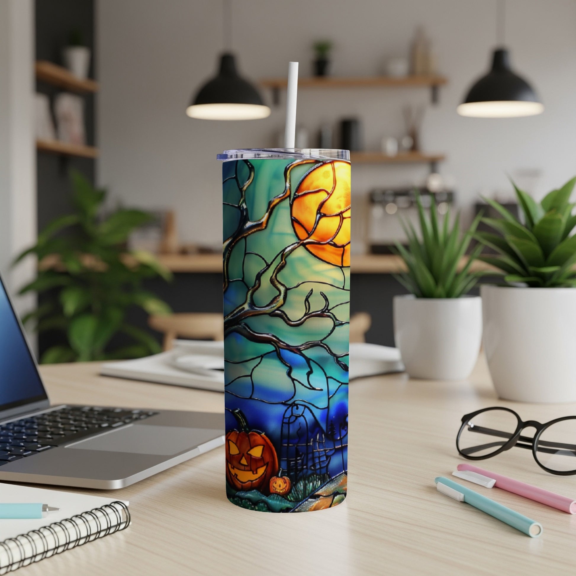 Halloween stained glass tumbler with pumpkins and moon.